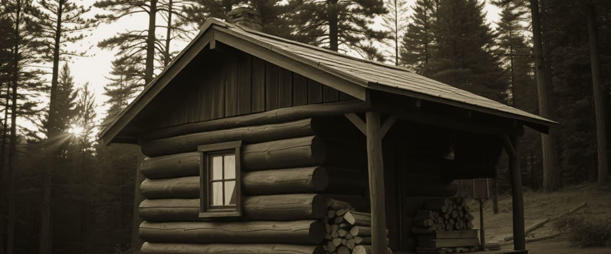 Off-grid homestead cabin at dusk.
